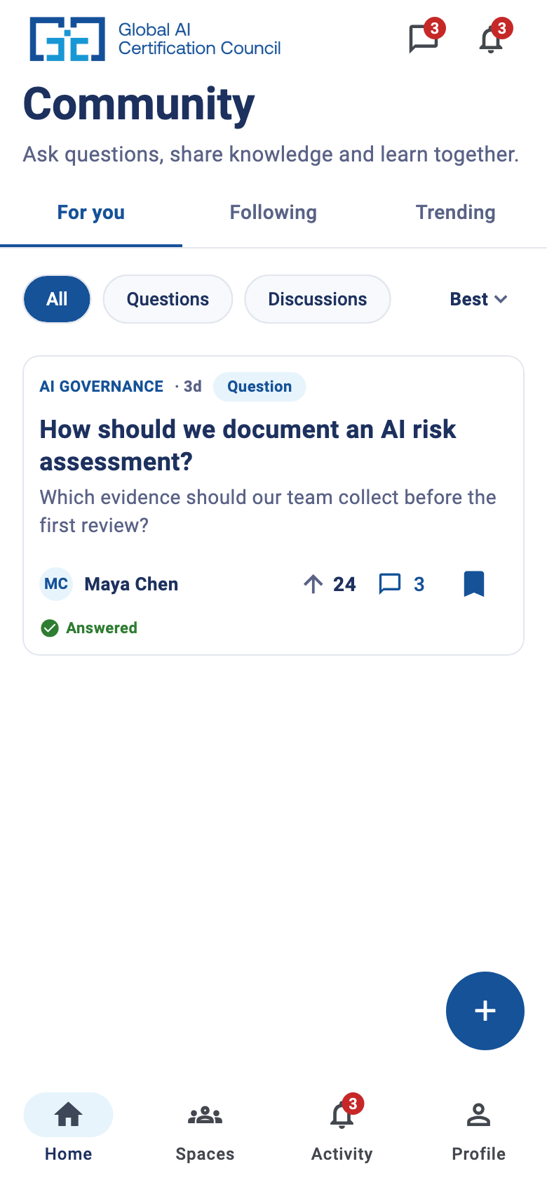 Actual GAICC Community app feed with questions, discussions, voting and saved posts