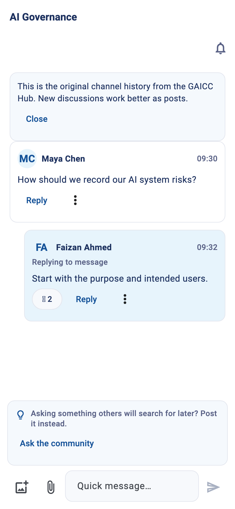 Actual app discussion screen with a message and threaded reply