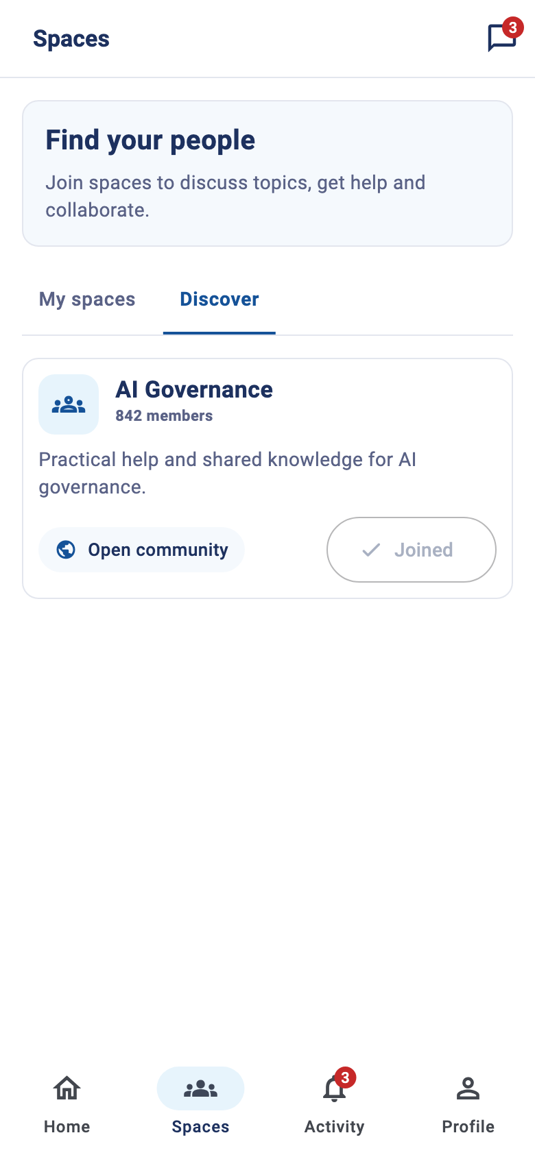 Actual app Spaces screen with topic discovery and joining